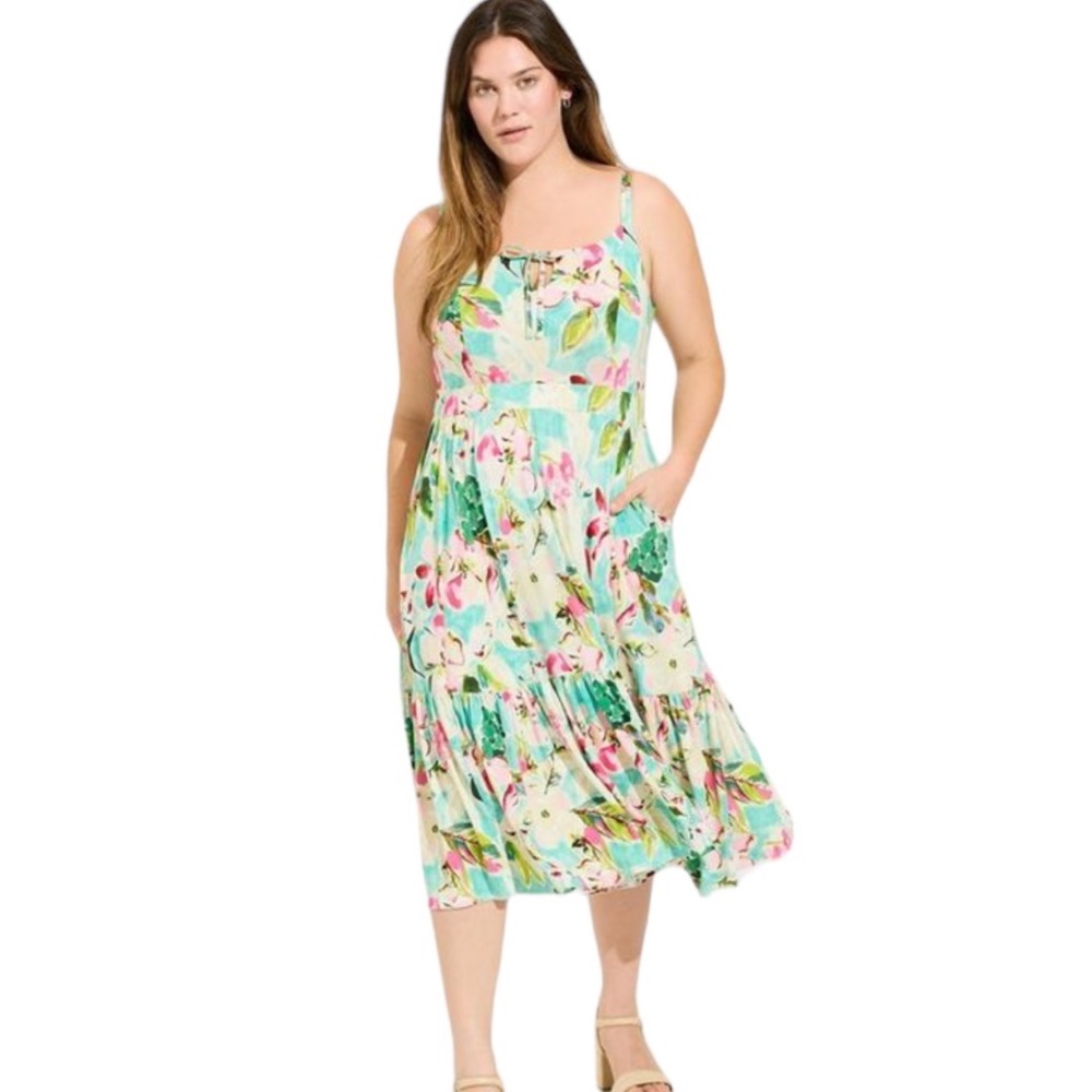 Size 2: Torrid Midi Supersoft Tiered Tie Front Dress